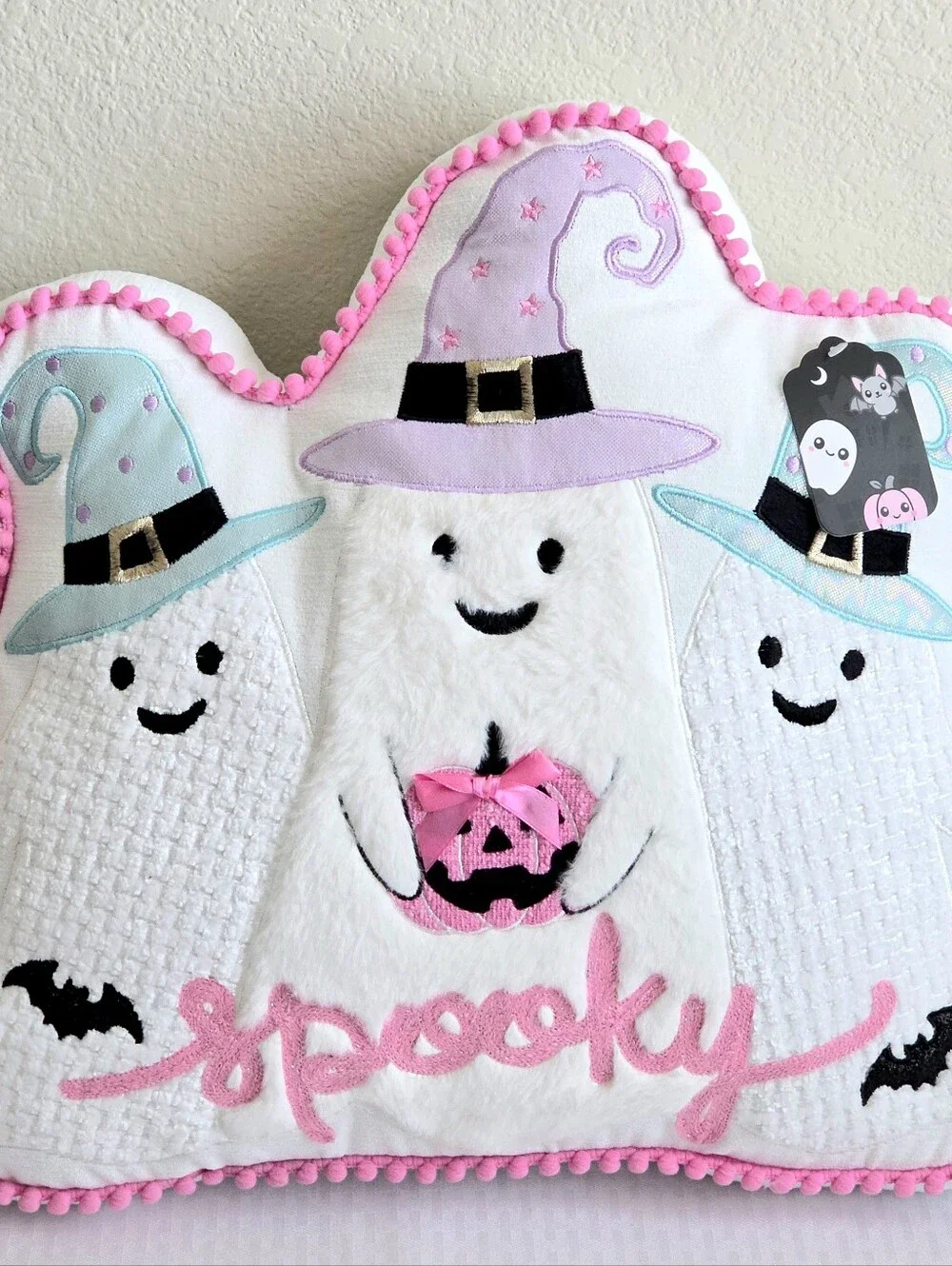 Halloween Decor Pillow SPOOKY Wizard Ghosts Pink Pom Pom Trim